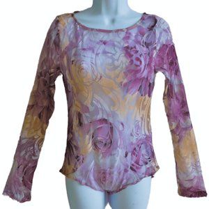 Y2K Windsor USA Bodysuit Double Snap Sheer Abstract Floral Long Sleeves M